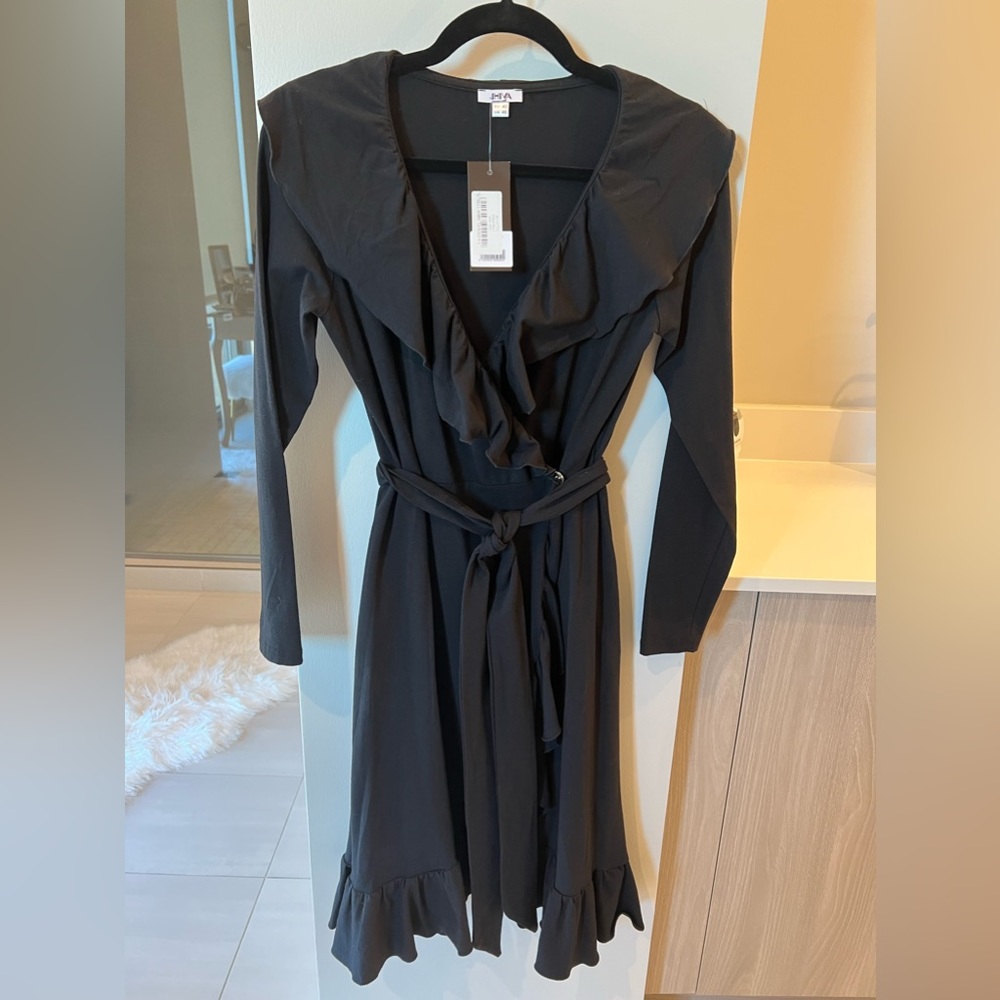Jhiva ruffle woven long sleeve wrap black dress.